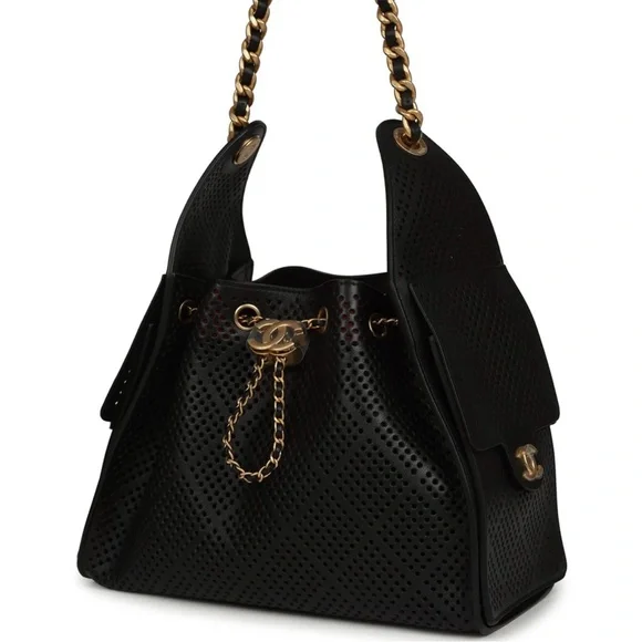 Chanel Small 25 Hobo Bag Black Perforated Calfskin Antique Gold Hardware - Picture 2 of 8